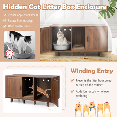 2-Door Cat Litter Box Enclosure with Winding Entry and Scratching Board-Brown