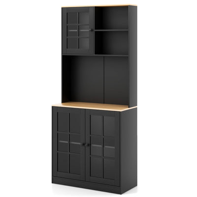 72 Inch Freestanding Pantry Cabinet with Hutch and Adjustable Shelf-Black