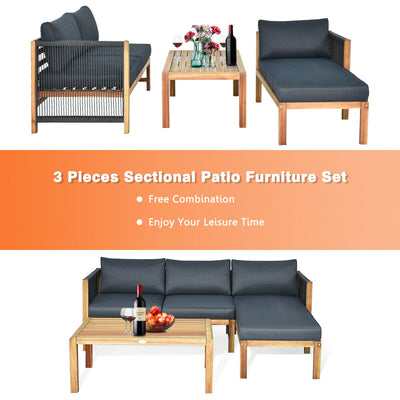 3 Piece Patio Acacia Sofa Set with Nylon Armrest