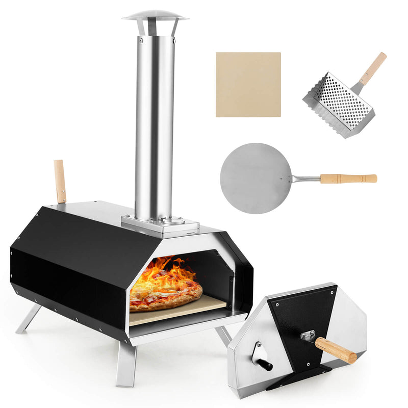 Outdoor Pizza Oven with Pizza Stone and Foldable Legs for Camping-Black