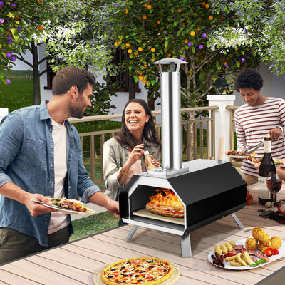 Outdoor Pizza Oven with Pizza Stone and Foldable Legs for Camping-Black