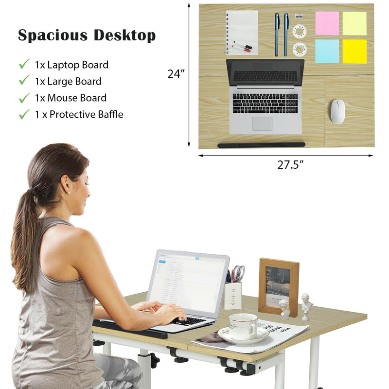 Mobile Standing up Desk Adjustable Computer Desk Tilting Workstation-Natural