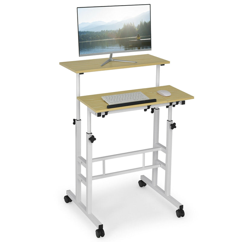 Mobile Standing up Desk Adjustable Computer Desk Tilting Workstation-Natural