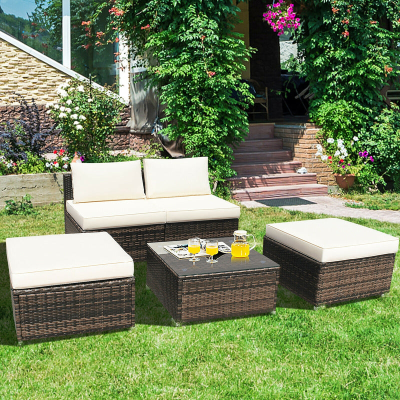 5 Pieces Patio Rattan Furniture Set with Cushioned Armless Sofa-White