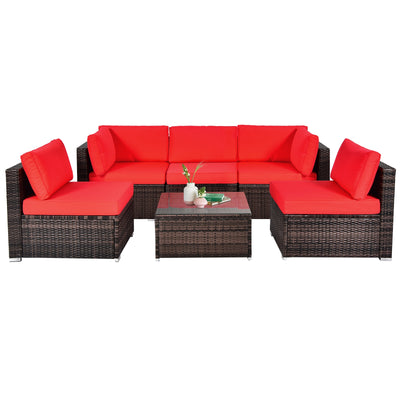 6 Pieces Patio Rattan Furniture Set with Cushions and Glass Coffee Table-Red