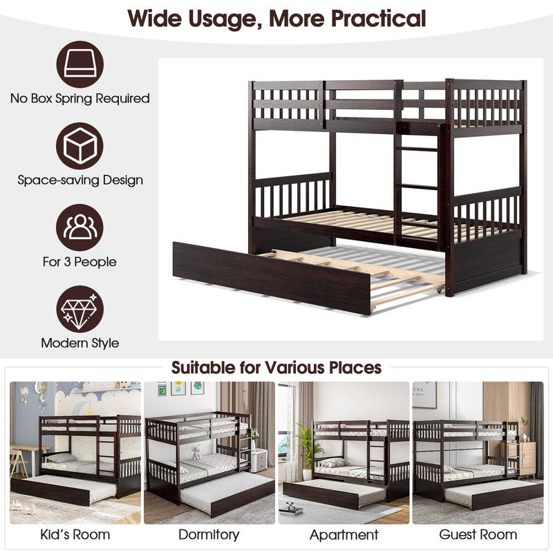 Twin Over Twin Bunk Bed with Pull-out Trundle and Ladder-Espresso