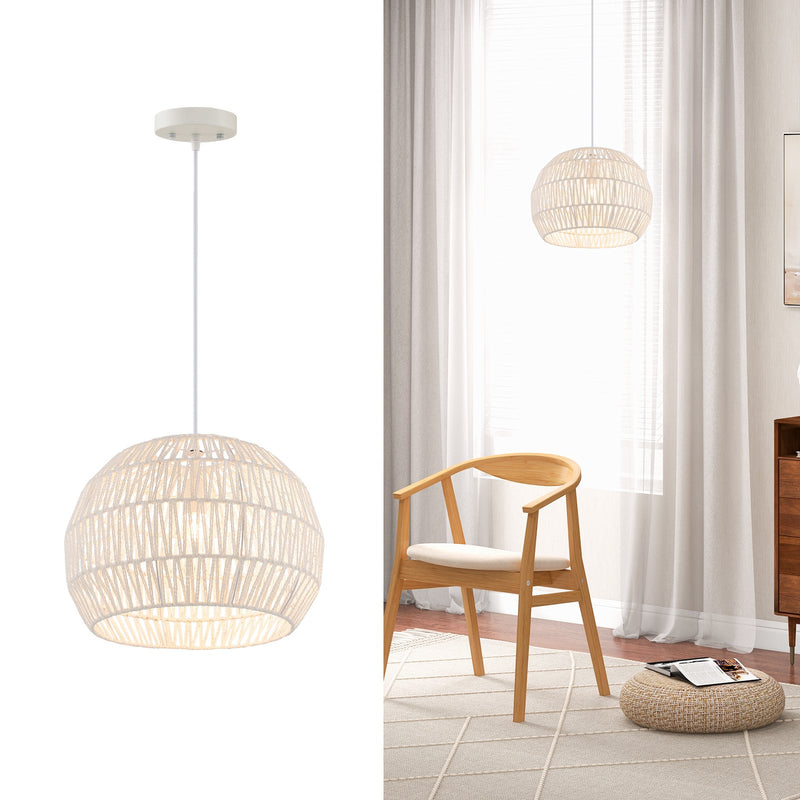 Round Farmhouse Rattan Pendant Lights with Adjustable Hanging Rope-Beige