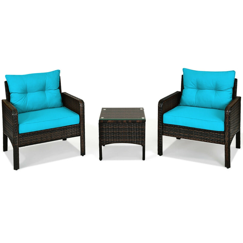 3 Pcs Outdoor Patio Rattan Conversation Set with Seat Cushions-Turquoise