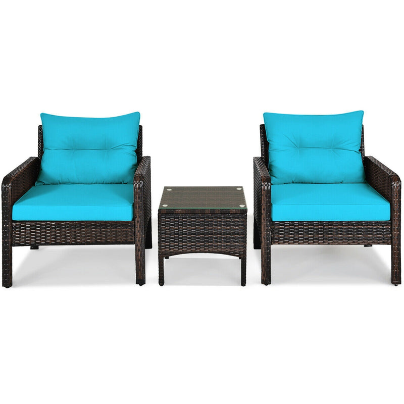 3 Pcs Outdoor Patio Rattan Conversation Set with Seat Cushions-Turquoise