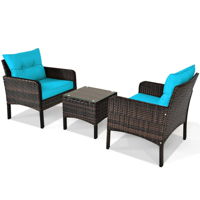 3 Pcs Outdoor Patio Rattan Conversation Set with Seat Cushions-Turquoise