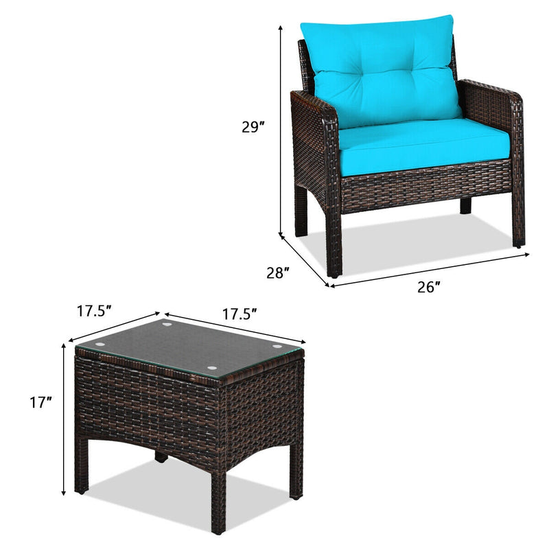 3 Pcs Outdoor Patio Rattan Conversation Set with Seat Cushions-Turquoise