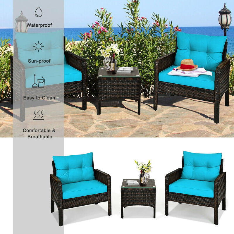 3 Pcs Outdoor Patio Rattan Conversation Set with Seat Cushions-Turquoise