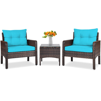 3 Pcs Outdoor Patio Rattan Conversation Set with Seat Cushions-Turquoise