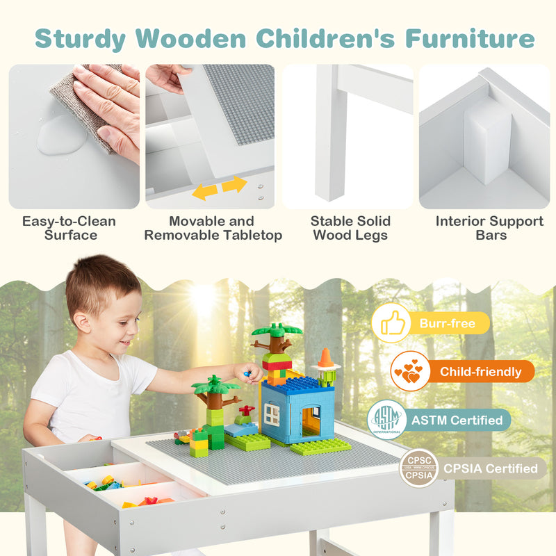 3 in 1 Wooden Kids Table with Storage and Double-Sided Tabletop-White