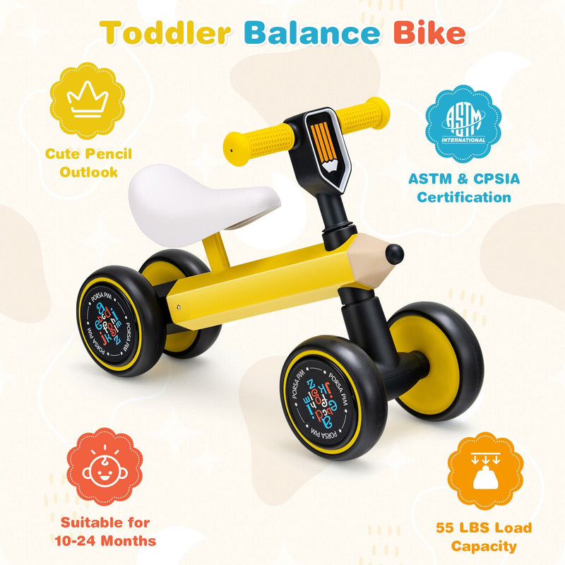 Baby Balance Bike with 4 Silent EVA Wheels and Limited Steering Wheels-Yellow