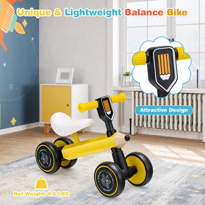 Baby Balance Bike with 4 Silent EVA Wheels and Limited Steering Wheels-Yellow