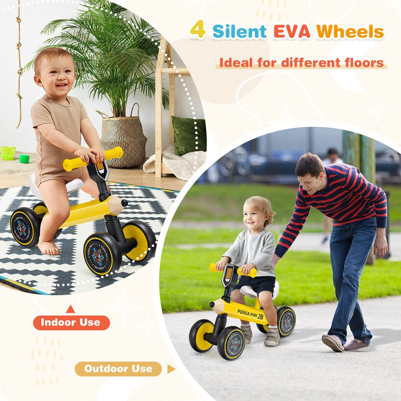 Baby Balance Bike with 4 Silent EVA Wheels and Limited Steering Wheels-Yellow