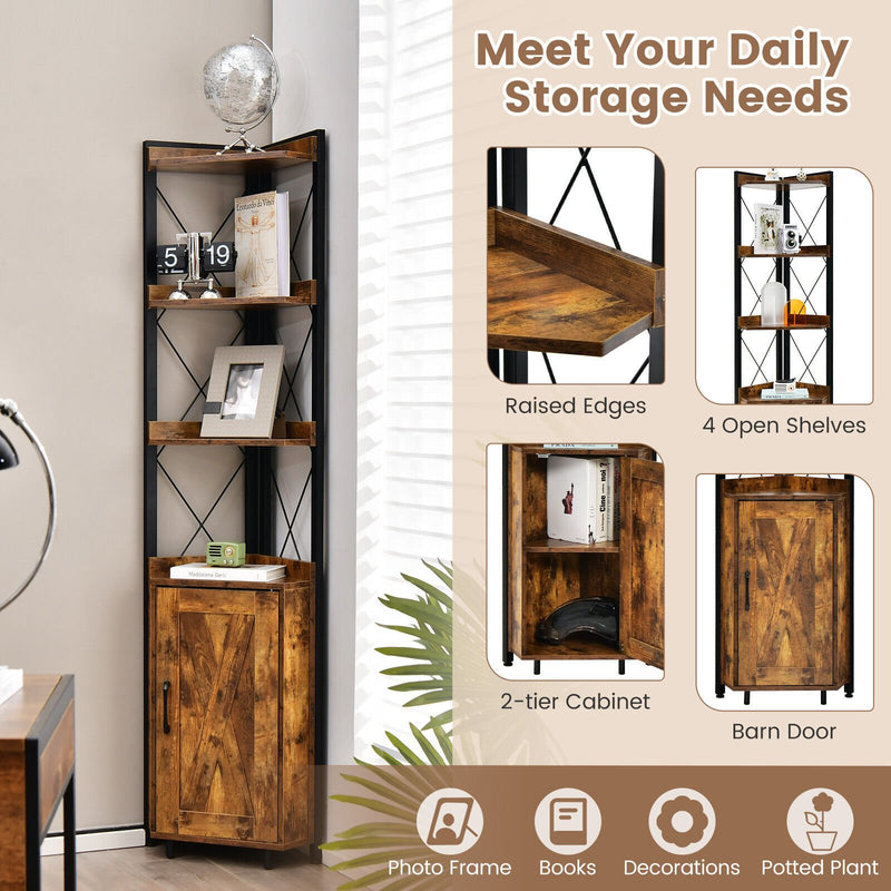 Tall Corner Storage Cabinet with 3-Tier Shelf and Enclosed Cabinet-Rustic Brown