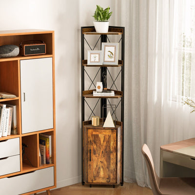 Tall Corner Storage Cabinet with 3-Tier Shelf and Enclosed Cabinet-Rustic Brown