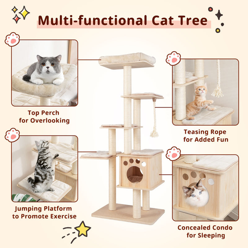 67 Inch Modern Cat Tree Tower with Top Perch and Sisal Rope Scratching Posts-Natural