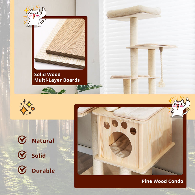 67 Inch Modern Cat Tree Tower with Top Perch and Sisal Rope Scratching Posts-Natural