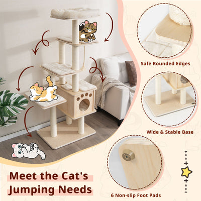 67 Inch Modern Cat Tree Tower with Top Perch and Sisal Rope Scratching Posts-Natural