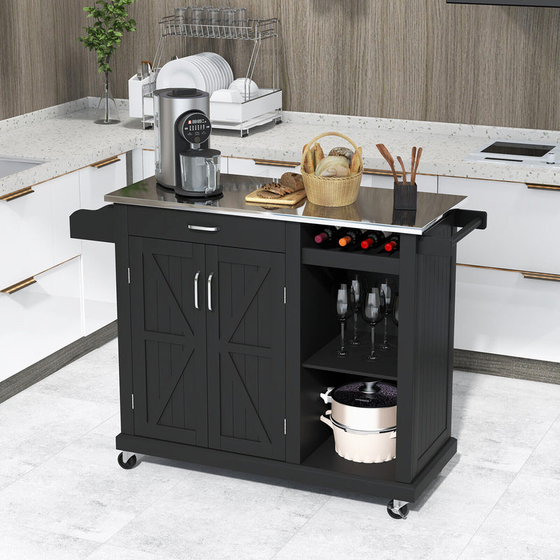 2-Door Rolling Kitchen Island Cart with Stainless Steel Top and Wine Storage Shelf-Black