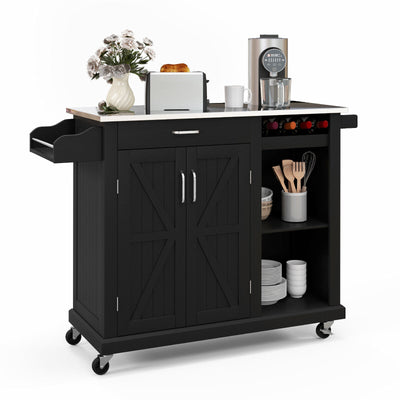 2-Door Rolling Kitchen Island Cart with Stainless Steel Top and Wine Storage Shelf-Black