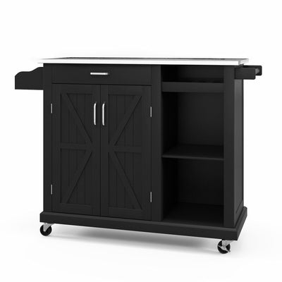 2-Door Rolling Kitchen Island Cart with Stainless Steel Top and Wine Storage Shelf-Black