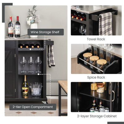 2-Door Rolling Kitchen Island Cart with Stainless Steel Top and Wine Storage Shelf-Black