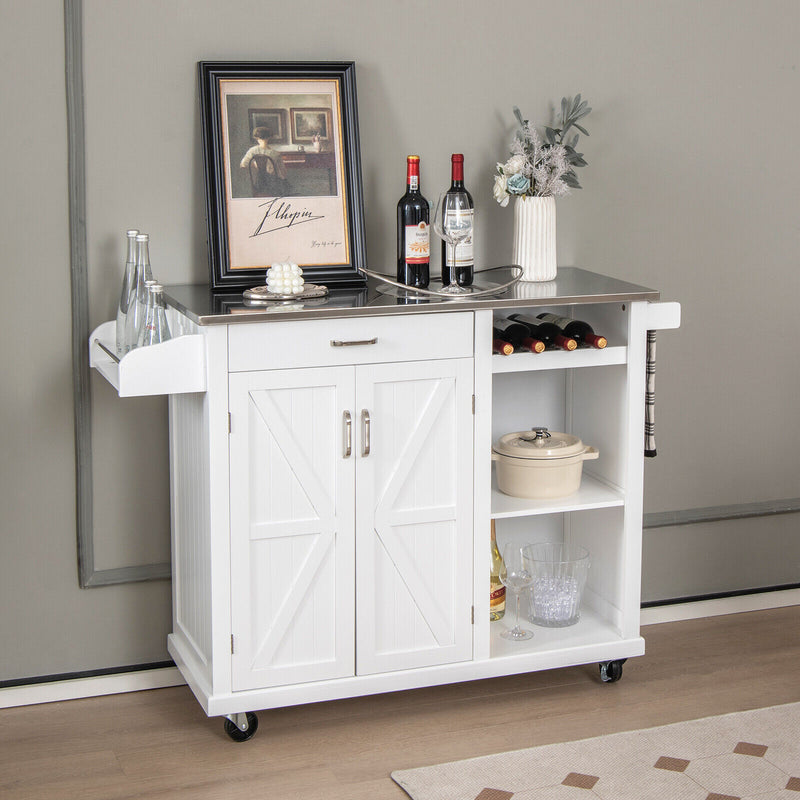 2-Door Rolling Kitchen Island Cart with Stainless Steel Top and Wine Storage Shelf-White