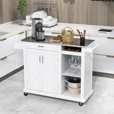 2-Door Rolling Kitchen Island Cart with Stainless Steel Top and Wine Storage Shelf-White