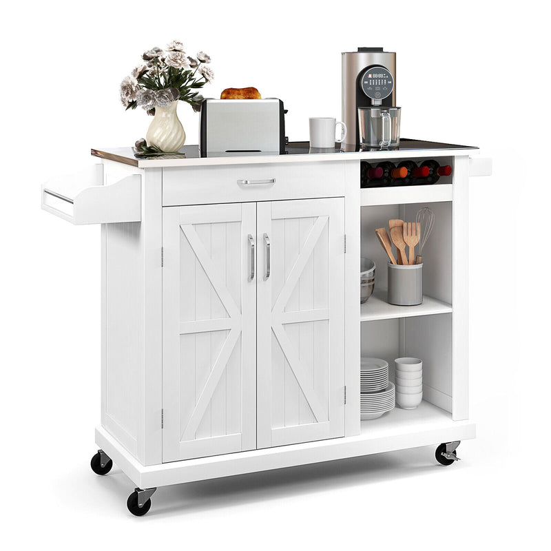 2-Door Rolling Kitchen Island Cart with Stainless Steel Top and Wine Storage Shelf-White