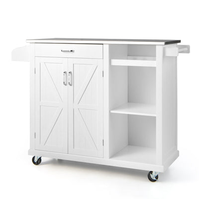 2-Door Rolling Kitchen Island Cart with Stainless Steel Top and Wine Storage Shelf-White