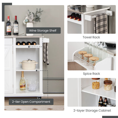 2-Door Rolling Kitchen Island Cart with Stainless Steel Top and Wine Storage Shelf-White