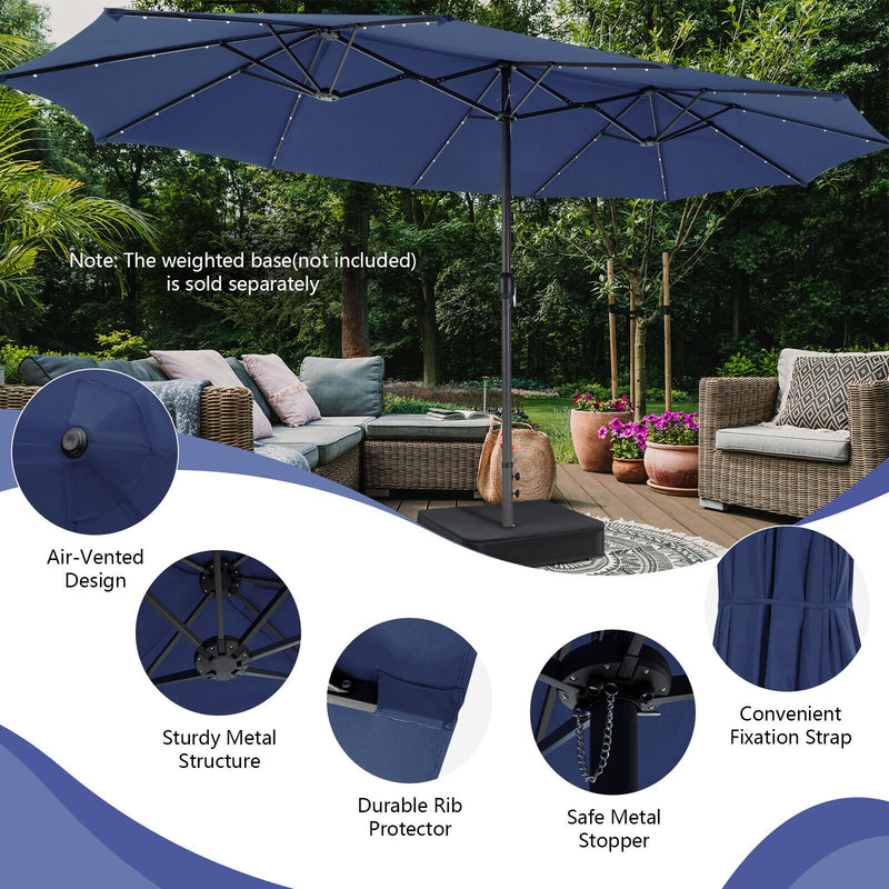 15 Feet Twin Patio Umbrella with 48 Solar LED Lights-Navy