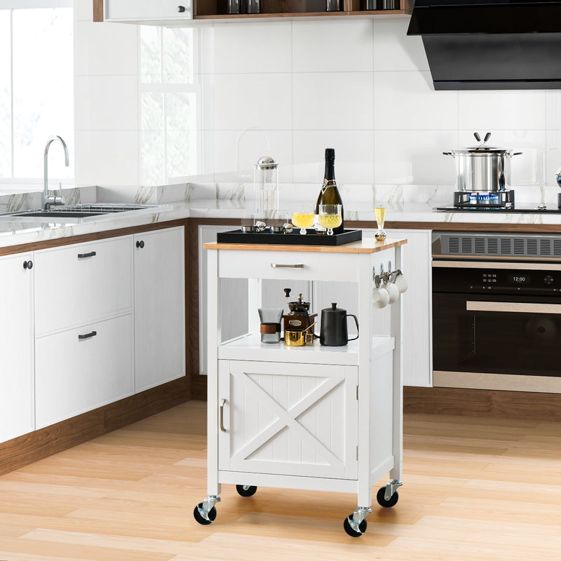 Rolling Kitchen Island Cart with Drawer and Side Hooks-White