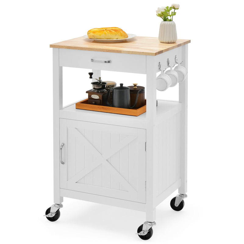 Rolling Kitchen Island Cart with Drawer and Side Hooks-White