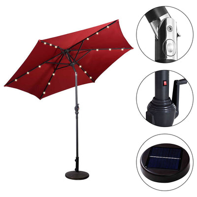 9' Solar LED Lighted Patio Market Umbrella Tilt Adjustment Crank Lift -Burgundy