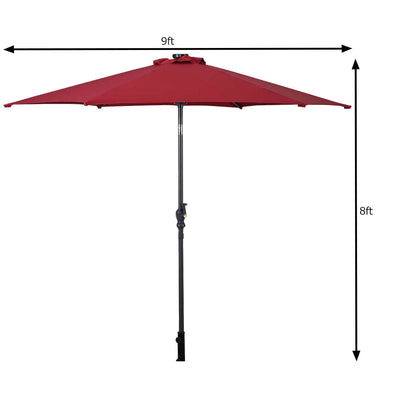 9' Solar LED Lighted Patio Market Umbrella Tilt Adjustment Crank Lift -Burgundy