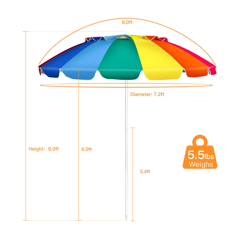 8FT Portable Beach Umbrella with Sand Anchor and Tilt Mechanism for Garden and Patio-Multicolor