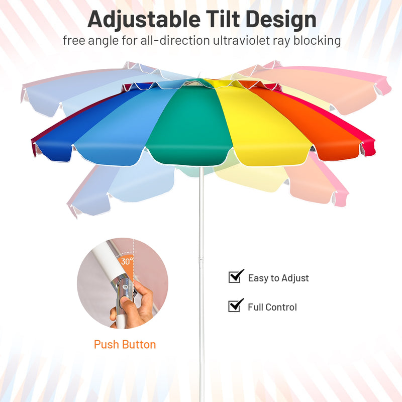 8FT Portable Beach Umbrella with Sand Anchor and Tilt Mechanism for Garden and Patio-Multicolor