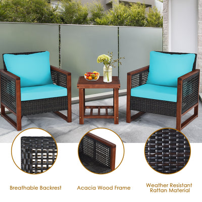 3 Pieces Acacia Wood Patio Furniture Set with Coffee Table-Turquoise