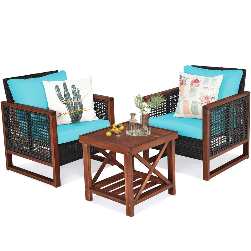 3 Pieces Acacia Wood Patio Furniture Set with Coffee Table-Turquoise