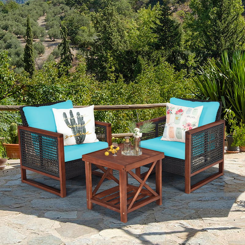 3 Pieces Acacia Wood Patio Furniture Set with Coffee Table-Turquoise