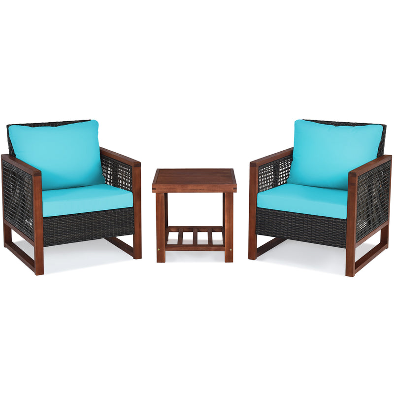 3 Pieces Acacia Wood Patio Furniture Set with Coffee Table-Turquoise