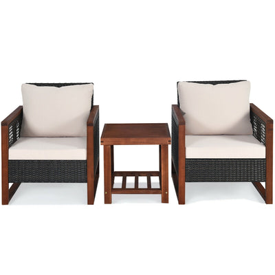 3 Pcs Patio Wicker Furniture Sofa Set with Wooden Frame and Cushion-Beige