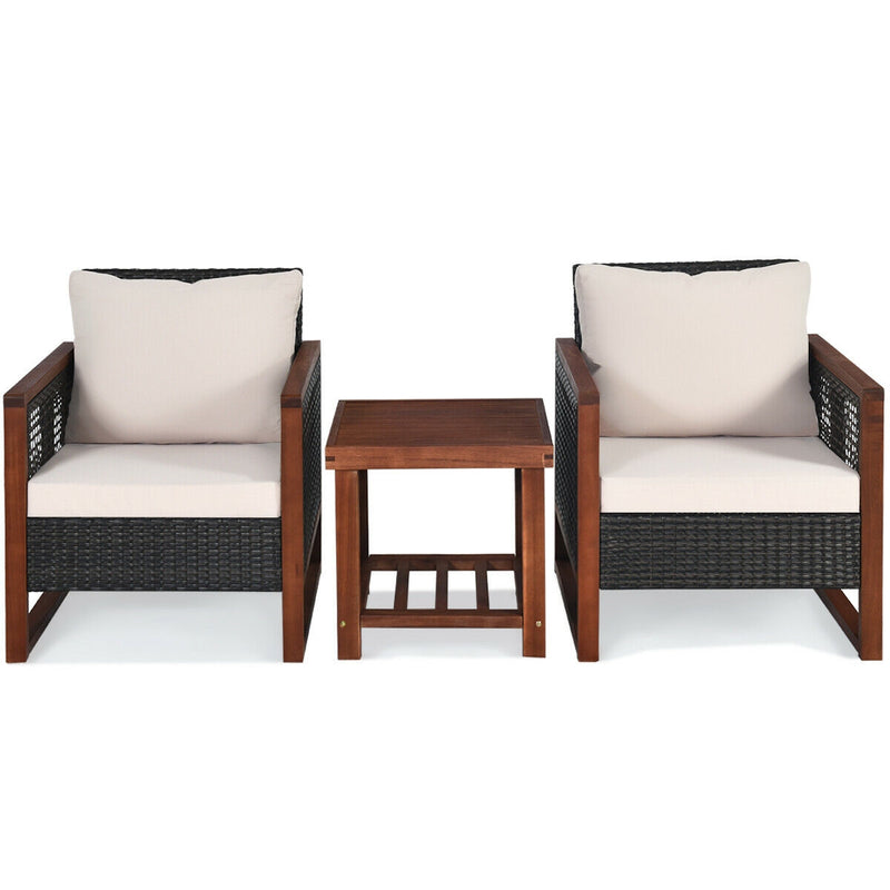 3 Pcs Patio Wicker Furniture Sofa Set with Wooden Frame and Cushion-Beige