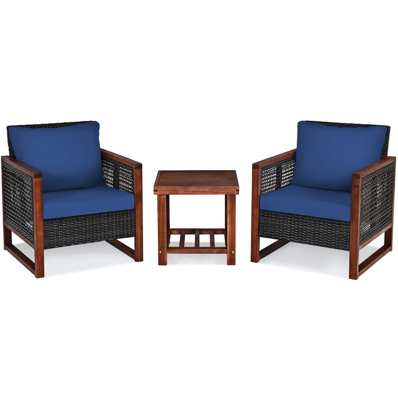 3 Pcs Patio Wicker Furniture Sofa Set with Wooden Frame and Cushion-Navy