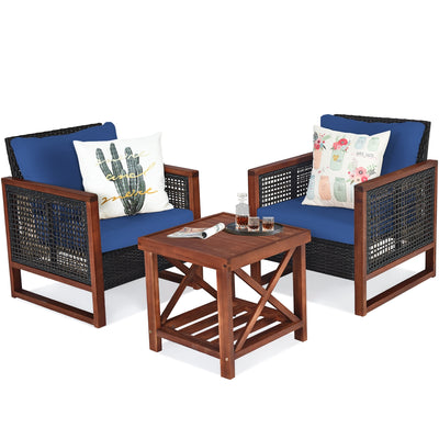 3 Pcs Patio Wicker Furniture Sofa Set with Wooden Frame and Cushion-Navy